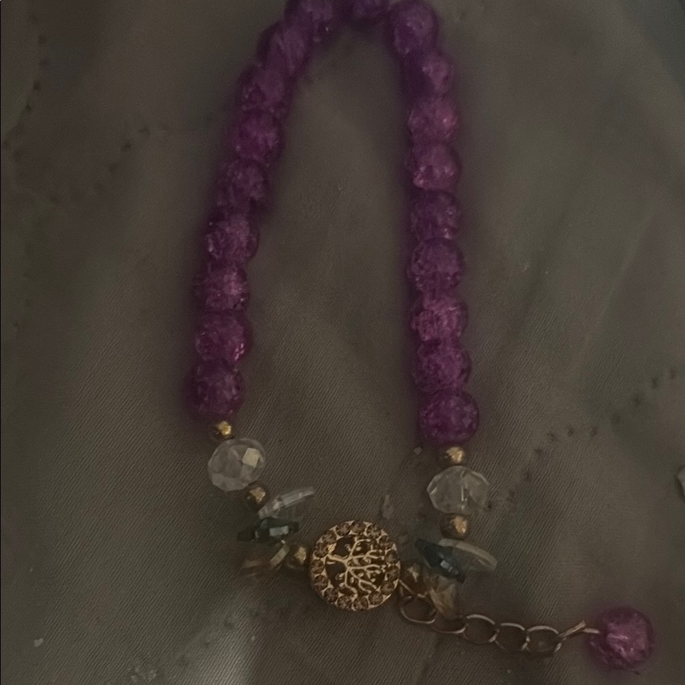 Elegant Purple Beaded Bracelet with Gold Accents w tree of life charm